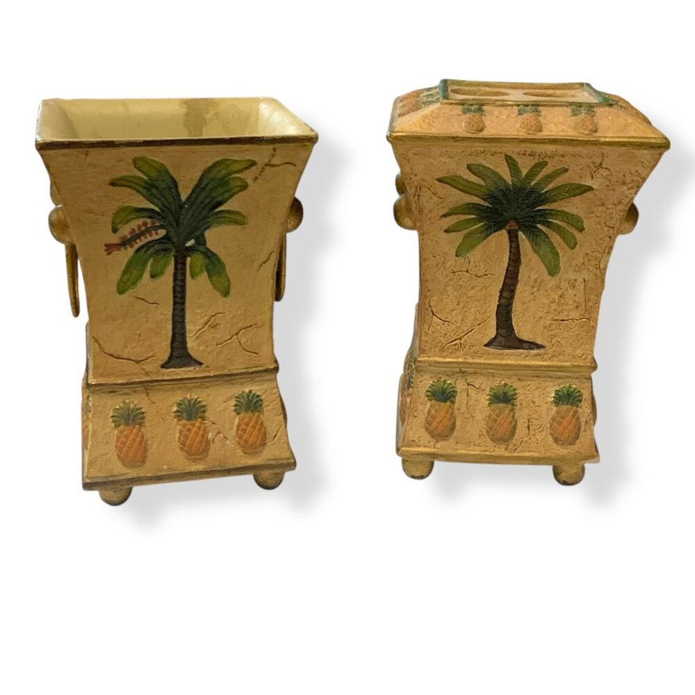Palm Tree Pineapple Tooth Brush Holder‎ & Cup Tropical Decor MCM Y2K